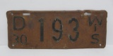 D 30 Wisconsin License Plate, #193, rust noted, 12 1/2