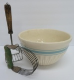 Turquoise blue banded mixing bowl and vintage utensils