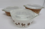 Vintage Pyrex Americana pattern covered dishes, brown and white