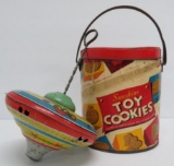 Sunshine Toy Cookie tin and Chein toy top