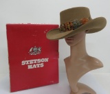 Stetson cowboy hat with feather band and box, 7 1/8
