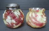 Art glass spatterware toothpick holder and shaker with leaf mold