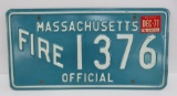 Massachusetts Fire Official license plate, blue and white, 12