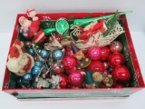 Vintage ornament lot with glass balls, Santas and pine cone mask face elves