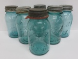 Six Ball quart size canning jars, blue with zinc lids