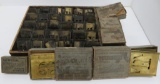 Large lot of vintage metal brass stencils in wood box, 2 1/2