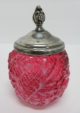 Cranberry glass daisy and fern covered jar, 6
