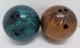 MCM vintage bowling balls, Ebonite Maxim teal and Galaxie 300 brown