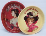Two retro beer trays with ladies, Old Milwaukee Beer and Olympia Beer