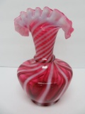 Fenton cranberry swirl vase, 6 1/2