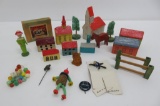 German wooden buildings, horse, trees and fence, beaded figures , and glass dog