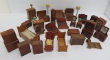 33 pieces of wooden doll house furniture, stained, living room and bedroom pieces