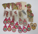 Early Cracker Jack toy prizes, paper, eyes, fans, ears, and auto race games