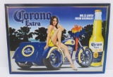 Retro inspired metal Corona Extra metal beer sign with motorcycle, 17 1/2