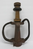 Early American LaFrance Foamite brass and leather Fire Dept hose nozzle, 15