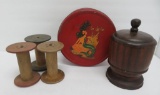 Button tin, wooden spools and wooden covered box,