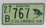 Colorful Colorado license plate, skier, 1958, 12