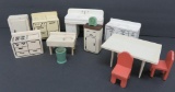 12 wooden doll house furniture pieces, kitchen items, Strombecker style