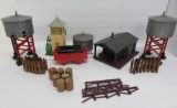 Plastic train layout pieces, fence, depot, water towers - DOES NOT SHIP
