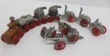 11 metal military train pieces, cannon, Manoil steam engines, gas cars