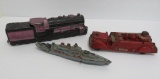 Three vintage rubber vehicles, train engine, Fire Engine and battleship
