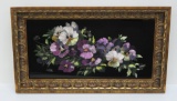 Pansy oil painting on glass with ornate frame, 20