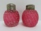 Pair of cranberry splatter salt and pepper shakers, 2 1/2