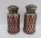 Cranberry salt and pepper shakers with sterling overlay, 3