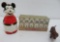 Vintage toys, Mickey Mouse walker, dachshund nodder and Big Little Card Game set by Russel