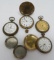 Pocket watch parts lot, four watches and parts tin