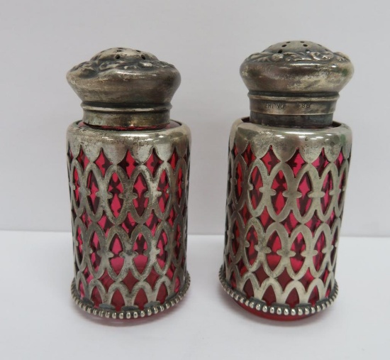 Cranberry salt and pepper shakers with sterling overlay, 3"