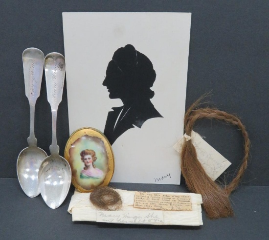 Oconomowoc history lot, Wing family, Mary and Laura, handpainted portrait brooch, spoons, hair