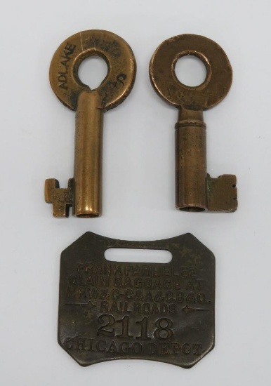 Two Railroad keys and railroad baggage claim tag