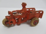 Cast iron crash car, motorcycle toy, hard rubber tires, attributed to Hubley, 4 1/2