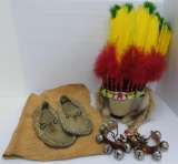 Vintage souvenir headress, moccasins and bell bracelets/anklets