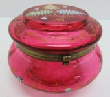 Cranberry powder jar, enamel painted, 5