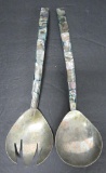 Mexican silver serving spoons, abalone, 10 1/4