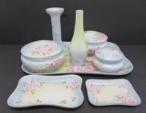 Hand painted Bavarian dresser set, 8 pieces, blue and pink, roses