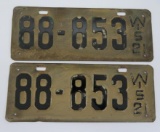 Matching pair of 1921 Wisconsin license plates, 12 1/2