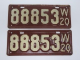 Matched pair 1920 Wisconsin License Plate, 12 1/2