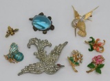 8 figural pins, birds,flower and bugs, 1