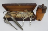 Vintage Sewing lot, scissors, treen box, and lace