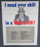 Original 1943 War Dept poster, I Need Your Skill in a War Job, Uncle Same, 22