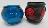 Two unusual lantern globes, blue and red bulls eye