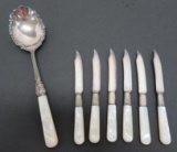 MOP sterling collared knives and serving spoon