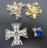 Four lovely costume jewelry pins, Weiss rhinestone