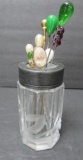 Antique stick pins in crystal polished holder, Iris pattern, 3