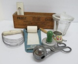 Vintage kitchen lot with Pabst cheese box, Polar cup, 3 min timer, paper holder, utensils