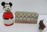 Vintage toys, Mickey Mouse walker, dachshund nodder and Big Little Card Game set by Russel