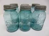Six Ball quart size canning jars, blue with zinc lids, Perfect Mason